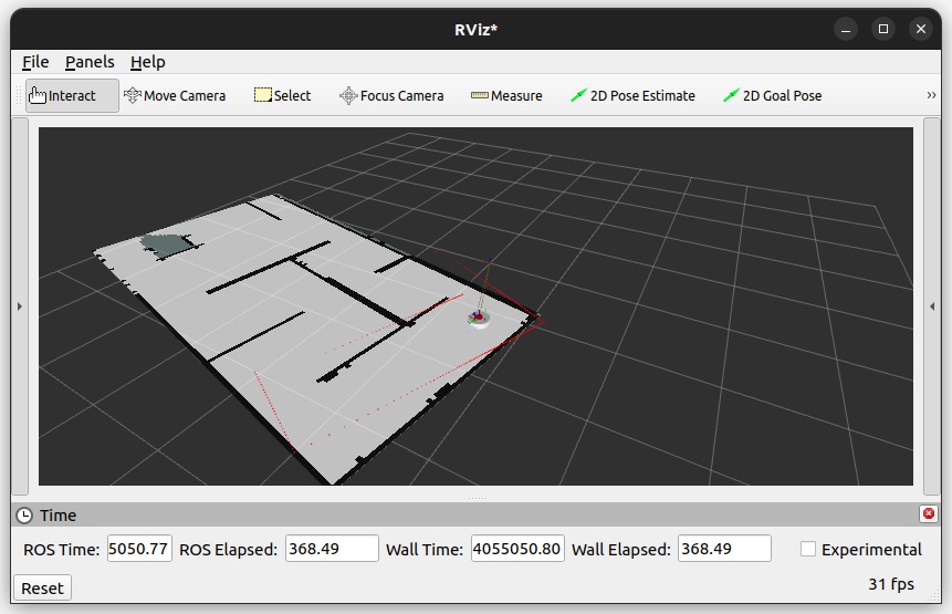 RViz visualisation of a SLAM-generated occupancy map with robot pose