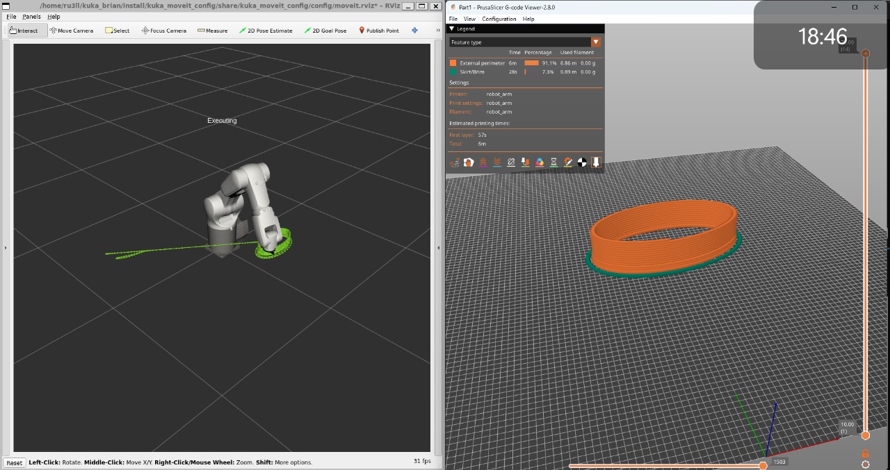ROS MoveIt planning a WAAM toolpath alongside the sliced G-code preview