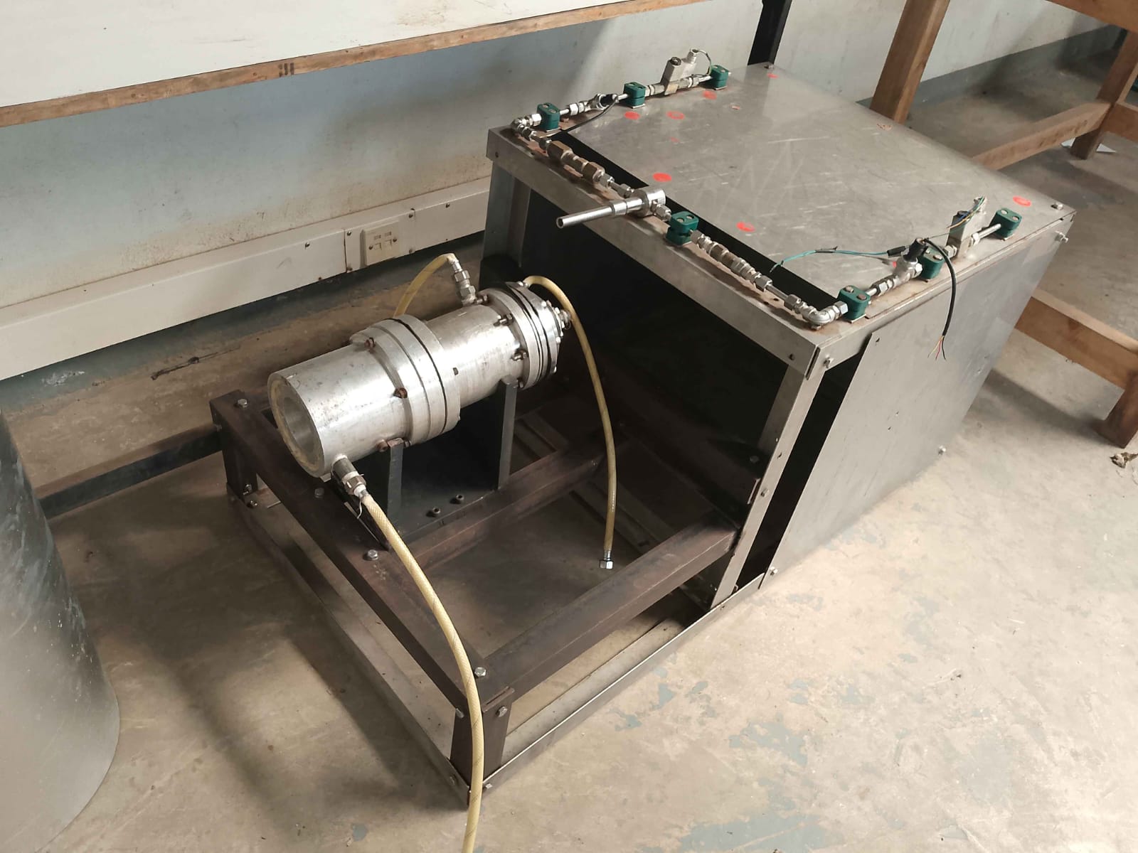 Perspective view of the rocket engine test stand and valve manifold