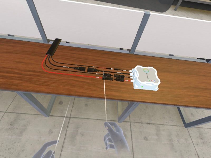 In-headset view of a wiring and connector training task on a workbench